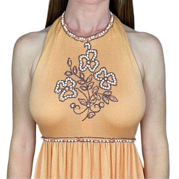 VINTAGE SAKS FIFTH AVE YOUNG DIMENSIONS 60s 70s ORANGE BEADED HALTER MAXI DRESS - Picture 2 of 11